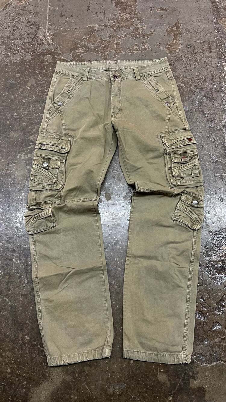 Y2K Streetwear Cargo Pants Size 34 Olive Green Multi-Pocket - Picture 1 of 8